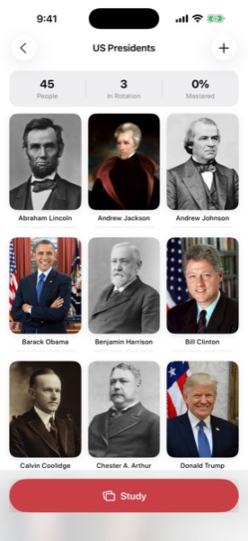 The group screen: a grid of presidential portraits with names, and counters for people, in rotation, and mastered.